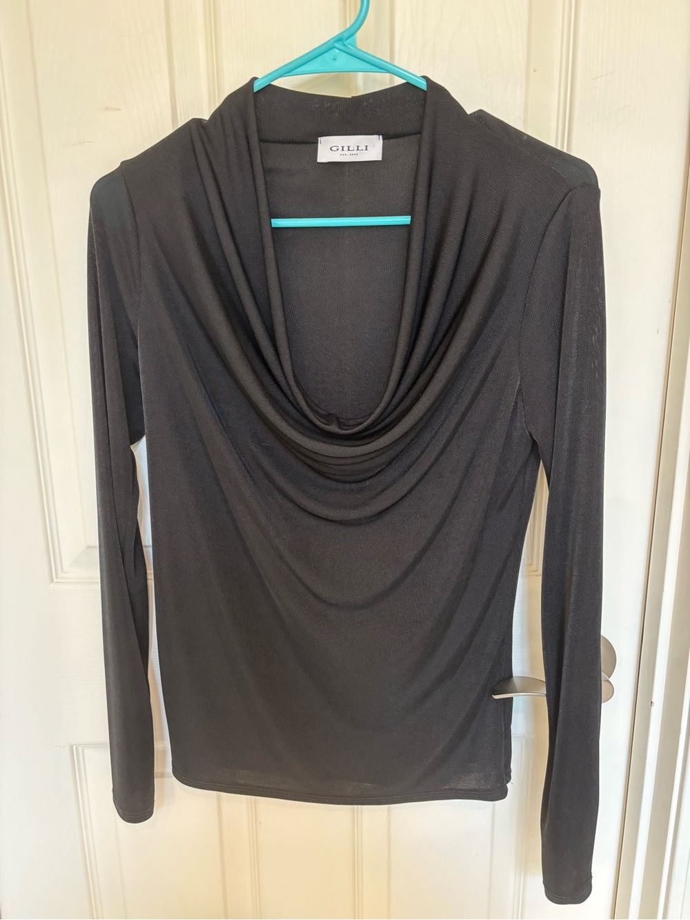 Gilli Black Drape Neck Long-Sleeve Top